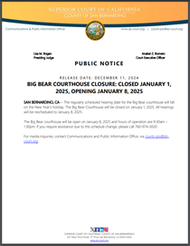 Big Bear Closed January 1, 2025, Opening January 8, 2025